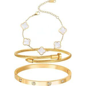 18K Gold Plated Four Leaf Clover Bracelet Bangle Set for Women Trendy Jewelry Gi